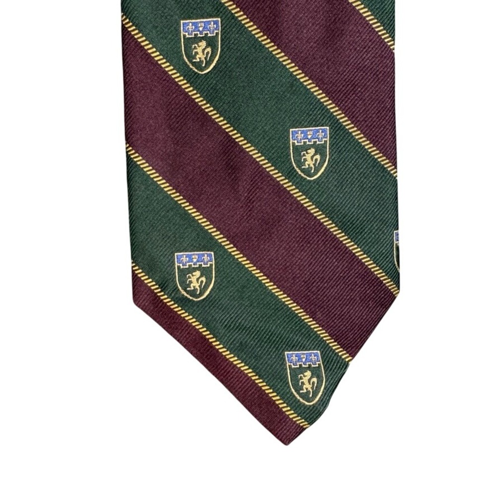 Hunt Club Mens Silk Tie Burgundy Green Striped Heraldic Crest Made in Italy